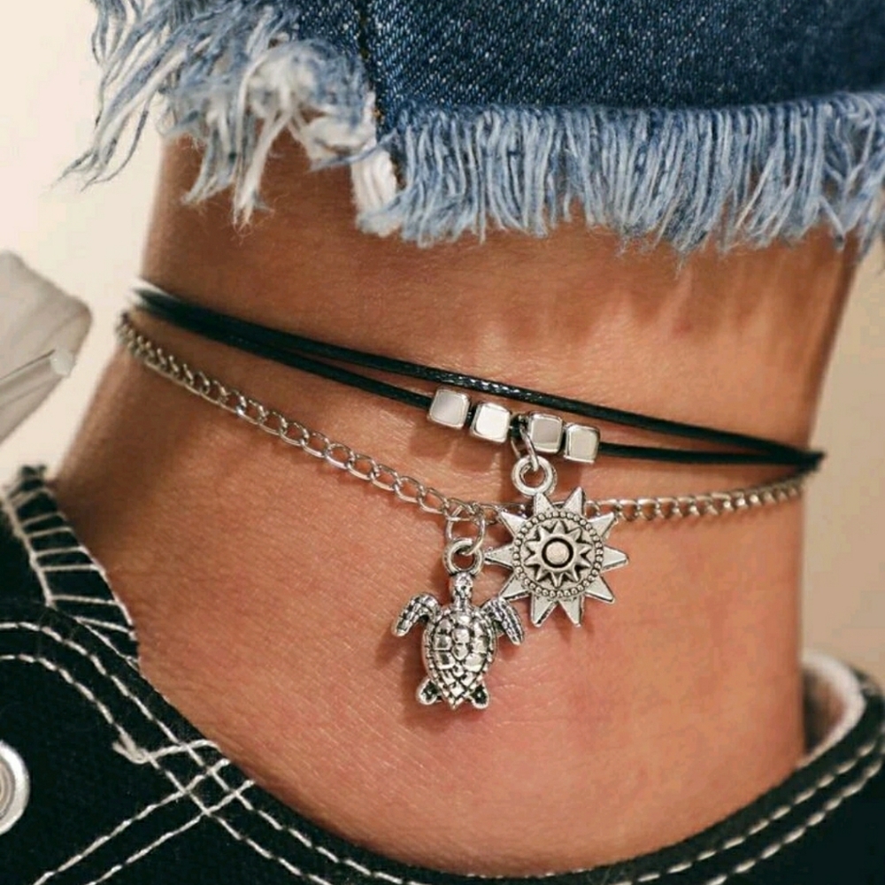 Tortoise Charm Layered Anklet